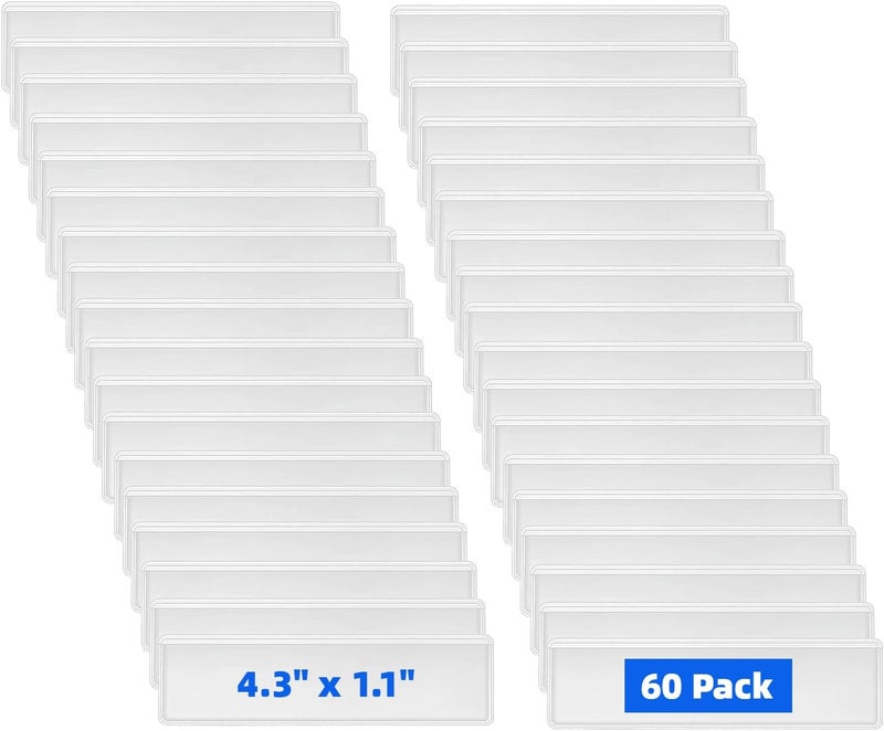 Hibmisy 60 Pack Clear Self-Adhesive Label Pockets, 4.3 x 1.1 Inch Plastic Index Card Holders with Top Open,Square Label Sleeves for Organizing Storage Bins, Shelves, Library, Office (60, 4.3 x 1.1 inches) - Image 1